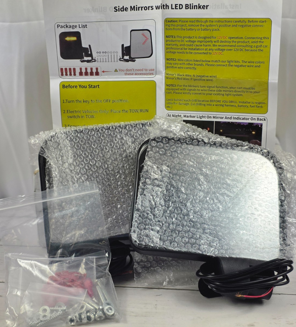 Golf Cart Side Mirrors w/LED Orange Turn Signal Blinkers w/Hdware & Instructions